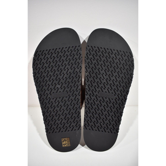 Hermes Chypre Sandal Mens Black Brown Leather H Logo Slide Slip On Flat 44 11 - Picture 12 of 12